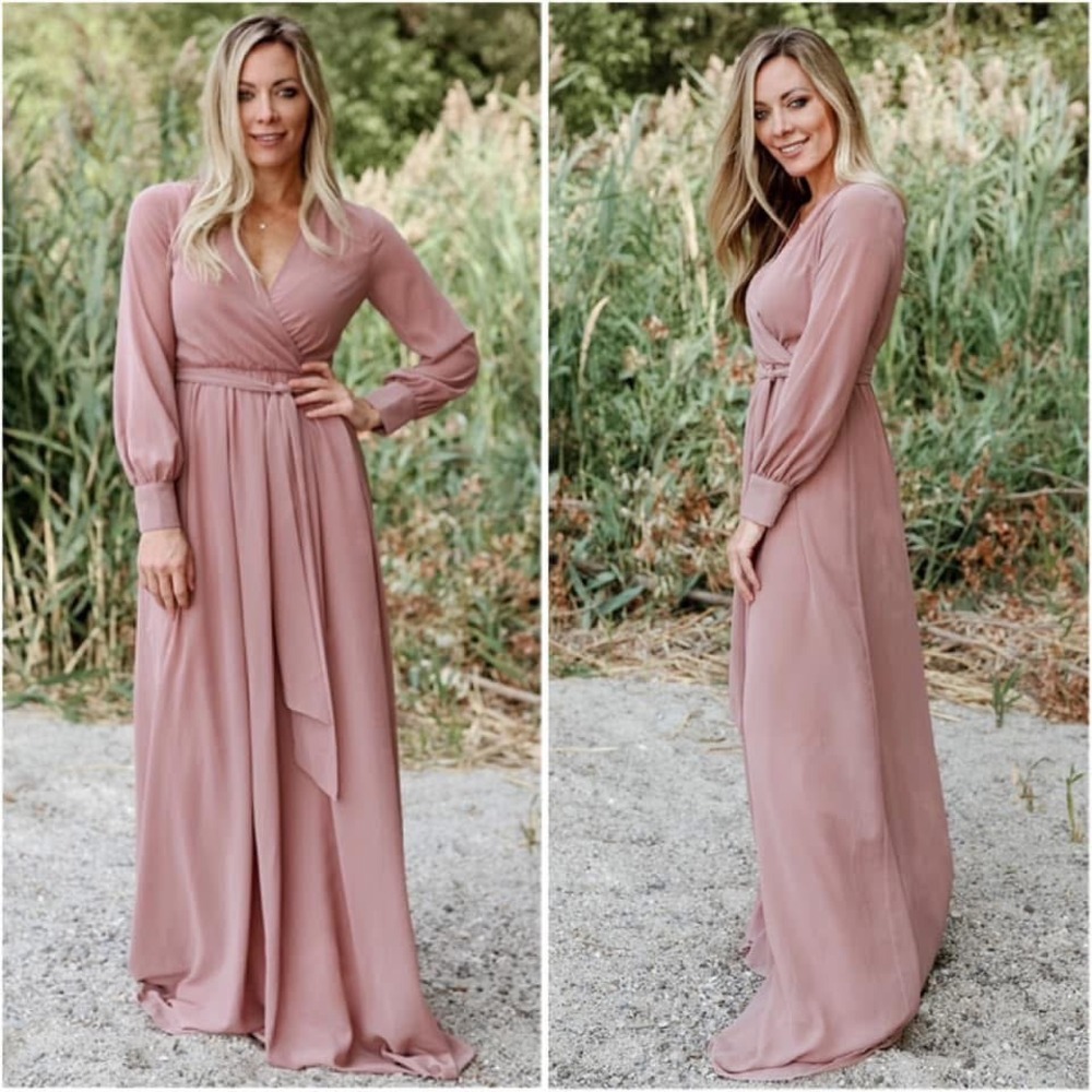NWT Baltic Born Lydia Long Sleeve Maxi Dress Mauve Pink V Neck Tie Belt Gown L